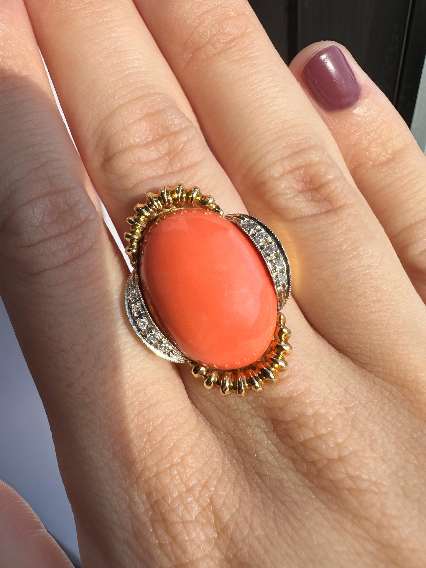 18k 1960's Coral and Diamond Cocktail Ring Marked Italy