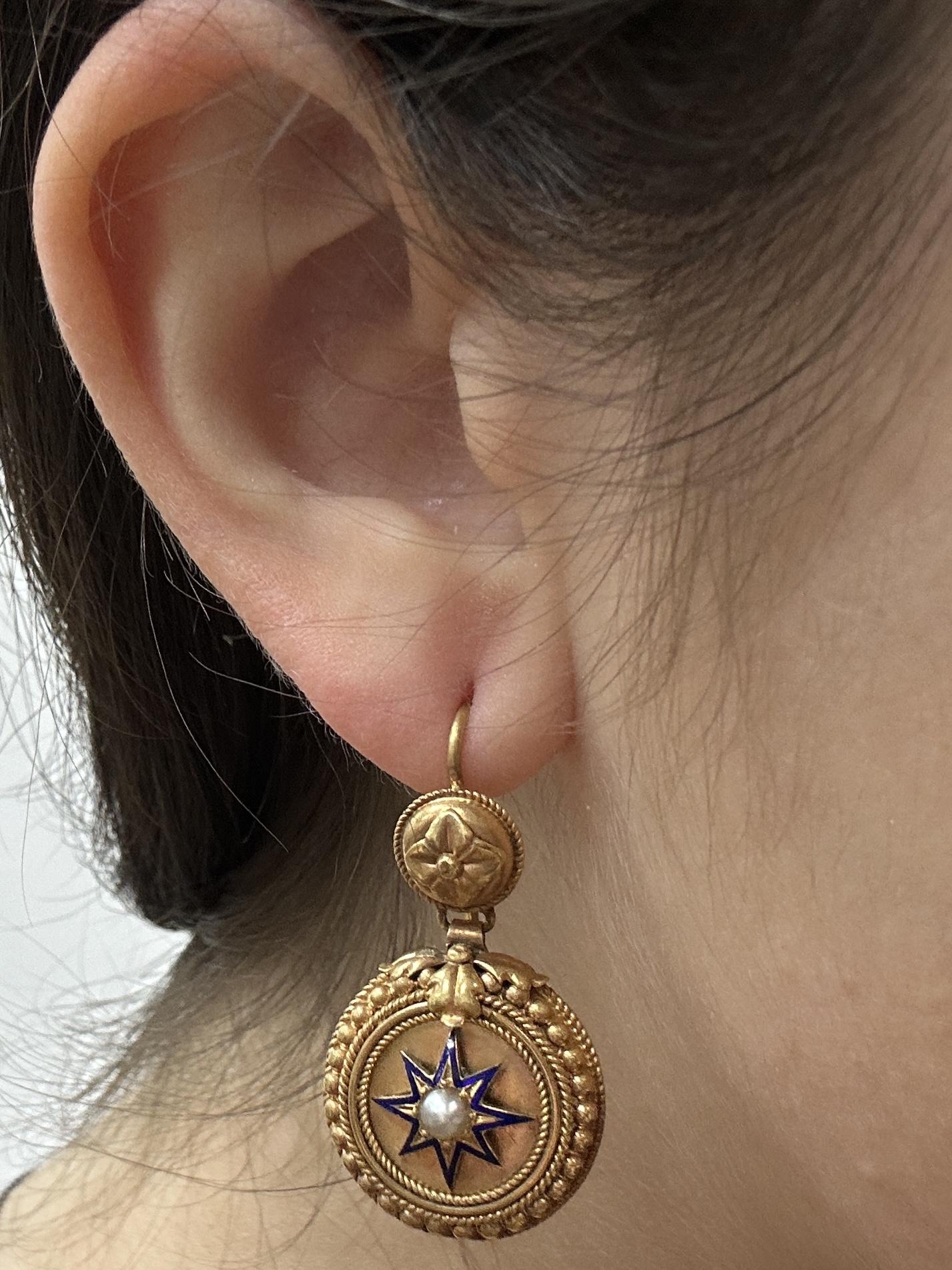 14k Victorian Pearl and Blue Enamel Drop Earrings