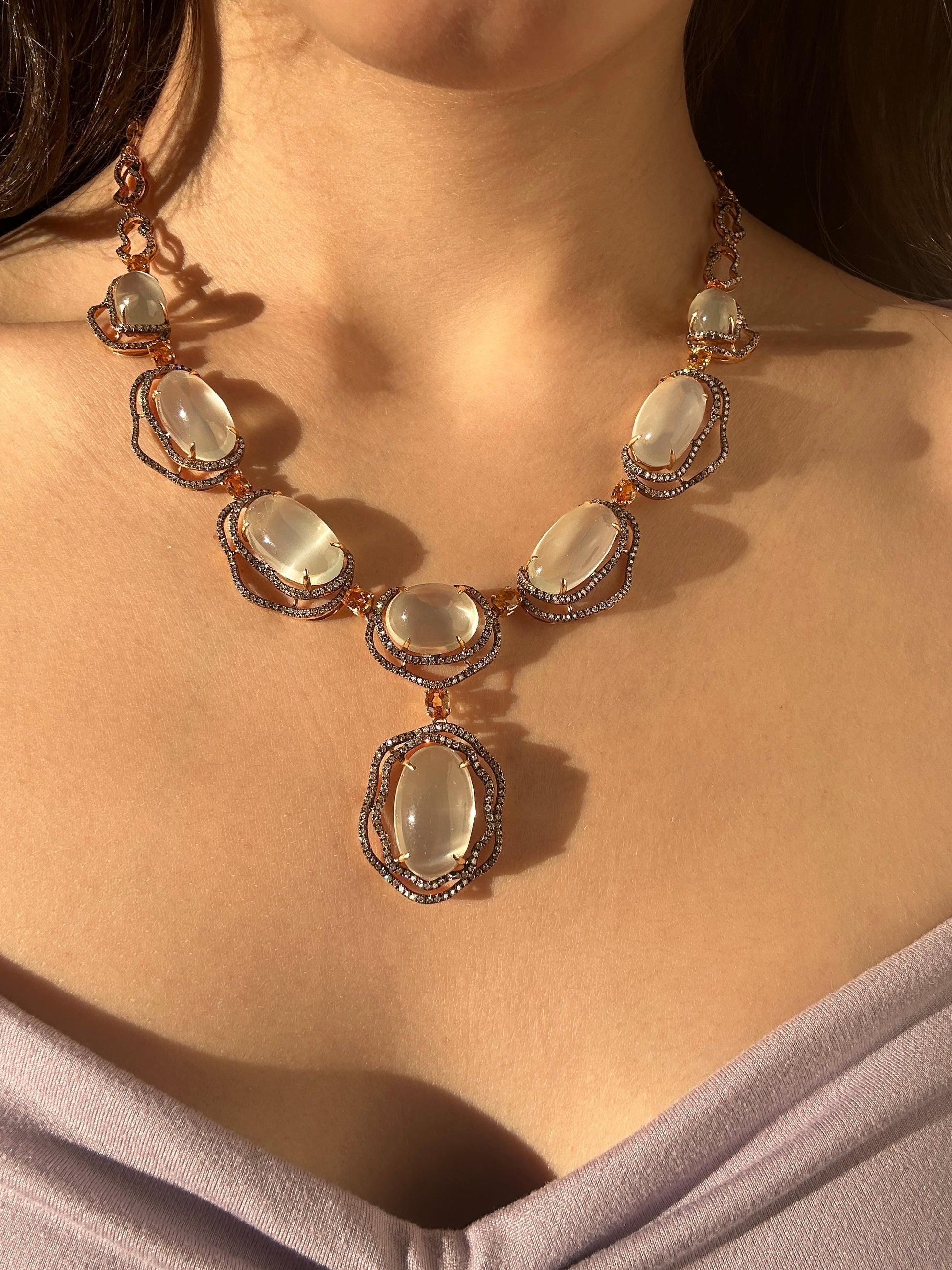Vintage Inspired 18K Yellow Gold Diamond, Yellow Sapphire and Moonstone Necklace