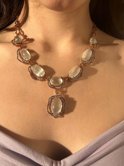 Vintage Inspired 18K Yellow Gold Diamond, Yellow Sapphire and Moonstone Necklace