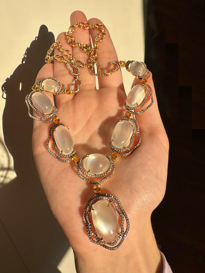 Vintage Inspired 18K Yellow Gold Diamond, Yellow Sapphire and Moonstone Necklace