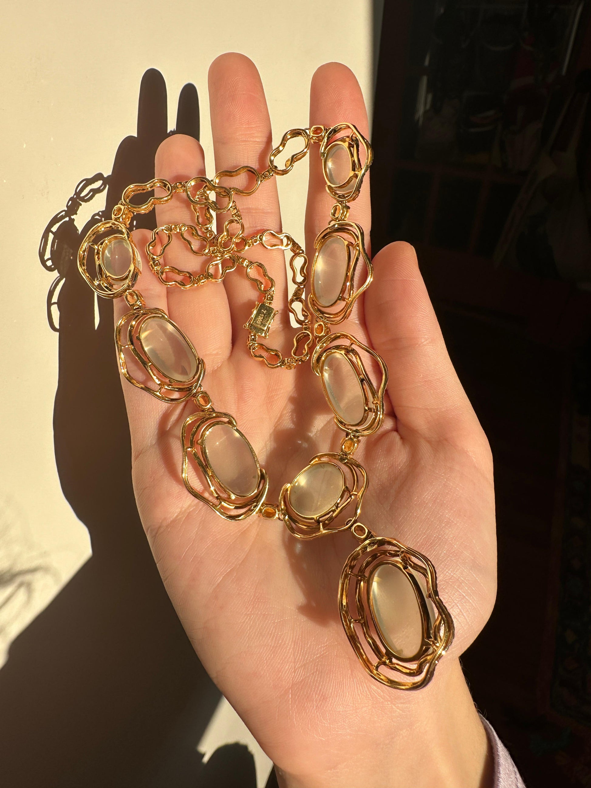 Vintage Inspired 18K Yellow Gold Diamond, Yellow Sapphire and Moonstone Necklace