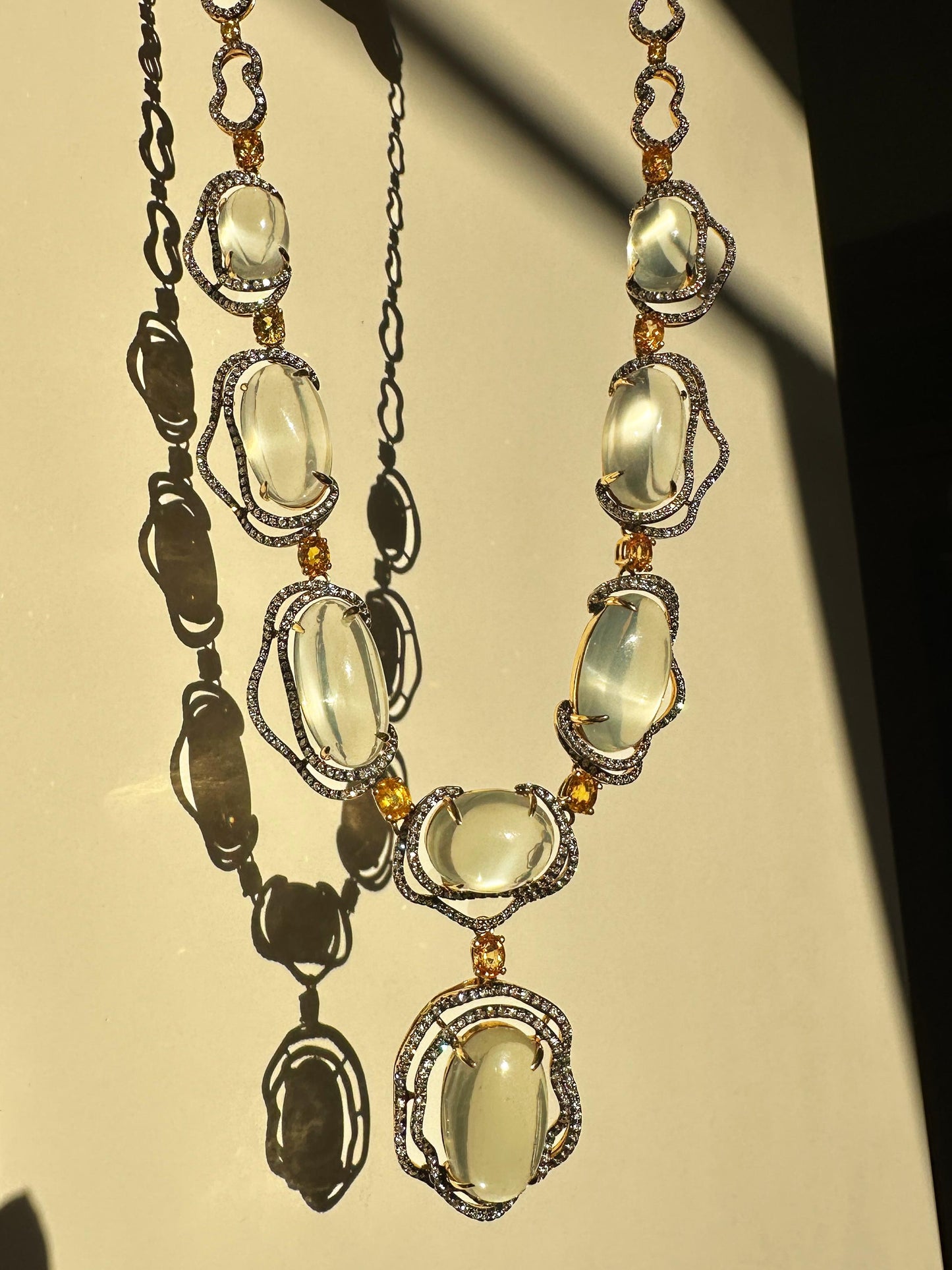 Vintage Inspired 18K Yellow Gold Diamond, Yellow Sapphire and Moonstone Necklace