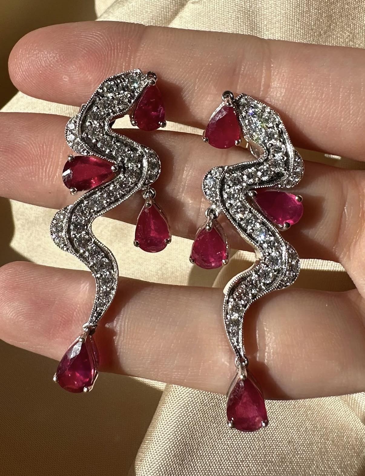 18K White Gold Diamond and 8.00 Carat Pear Shaped Ruby Snake Drop Earrings