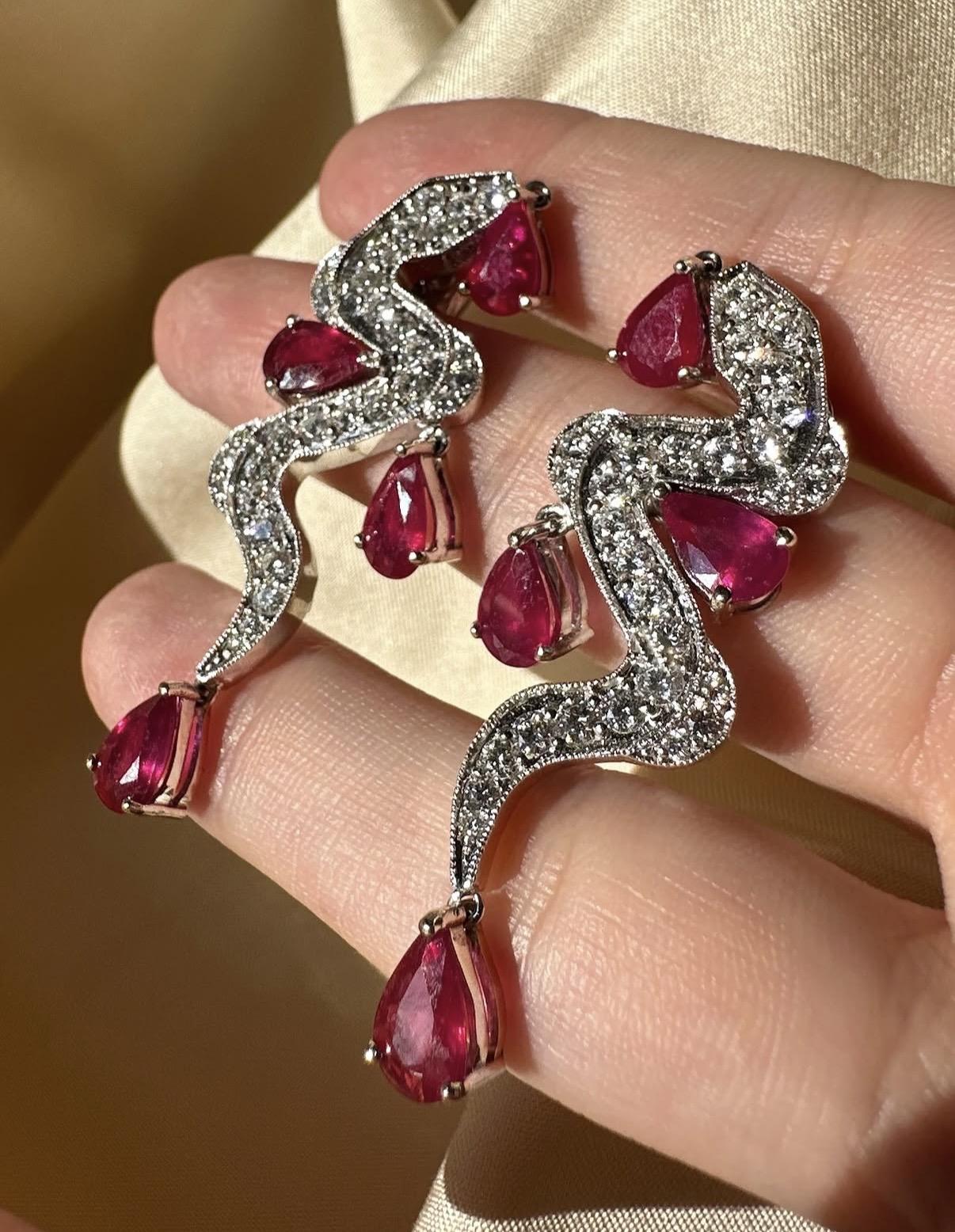 18K White Gold Diamond and 8.00 Carat Pear Shaped Ruby Snake Drop Earrings