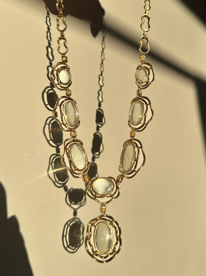 Vintage Inspired 18K Yellow Gold Diamond, Yellow Sapphire and Moonstone Necklace