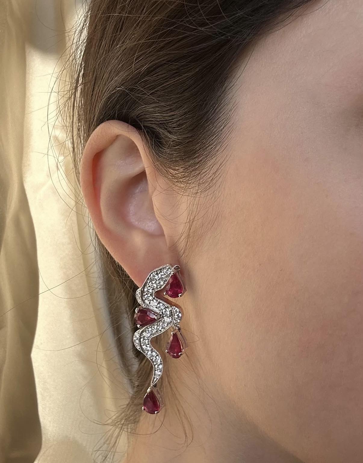 18K White Gold Diamond and 8.00 Carat Pear Shaped Ruby Snake Drop Earrings