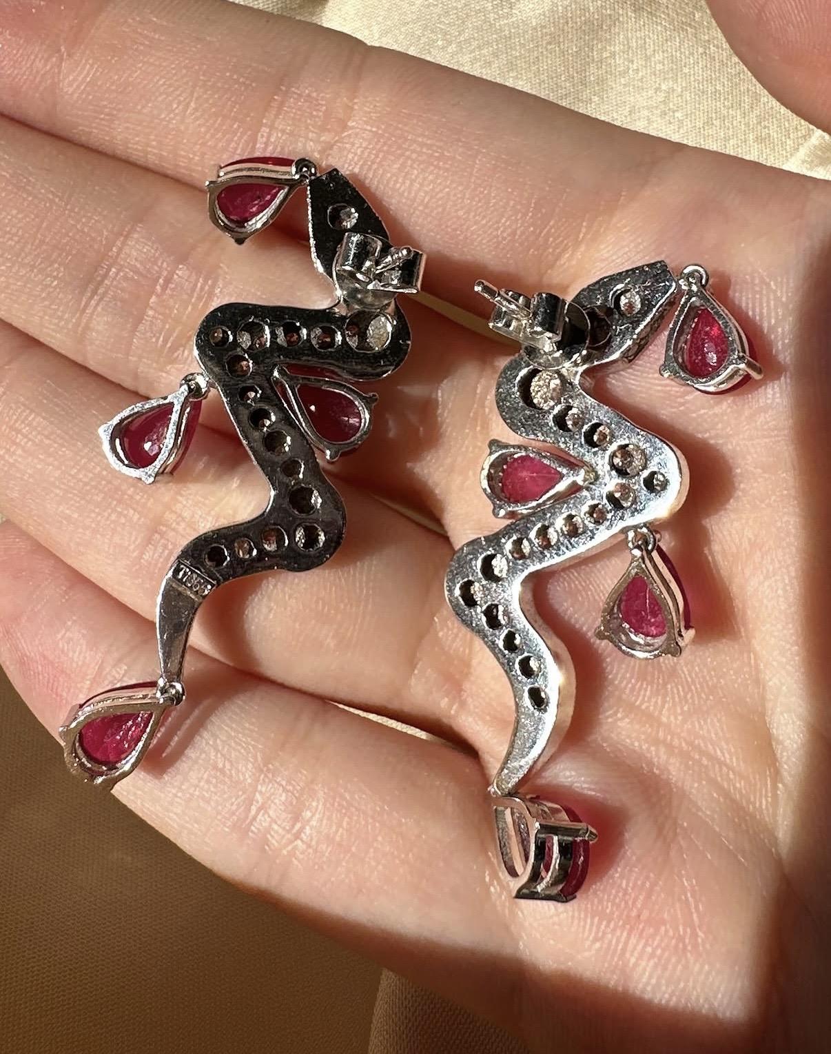 18K White Gold Diamond and 8.00 Carat Pear Shaped Ruby Snake Drop Earrings
