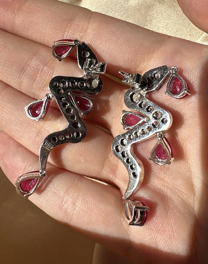 18K White Gold Diamond and 8.00 Carat Pear Shaped Ruby Snake Drop Earrings