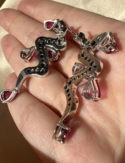 18K White Gold Diamond and 8.00 Carat Pear Shaped Ruby Snake Drop Earrings