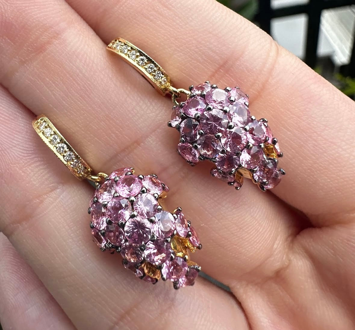 18K Gold Diamond & Pink Sapphire Grape Cluster Earrings