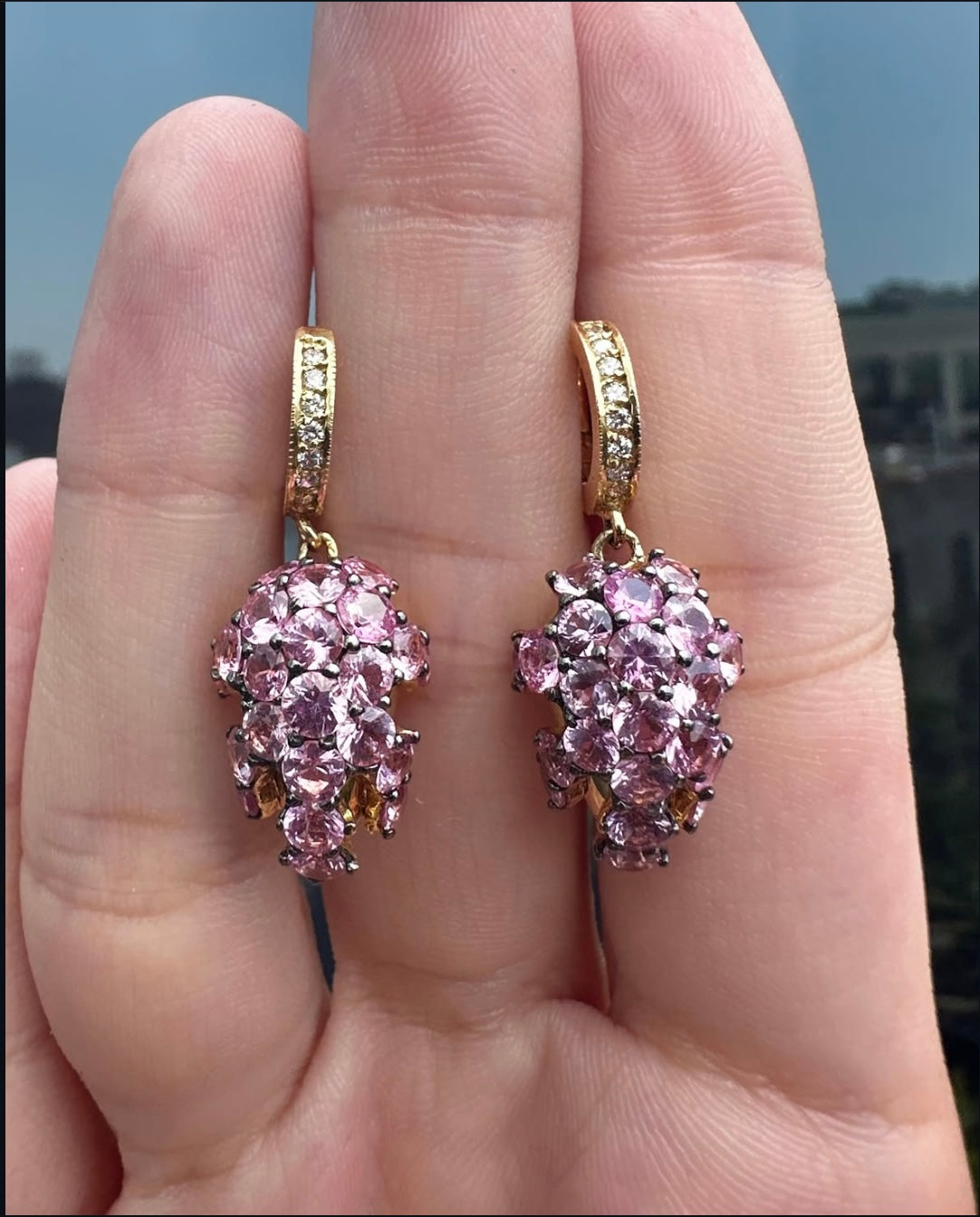 18K Gold Diamond & Pink Sapphire Grape Cluster Earrings