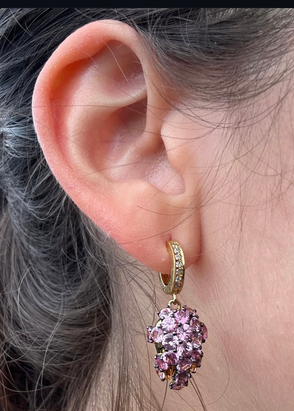18K Gold Diamond & Pink Sapphire Grape Cluster Earrings