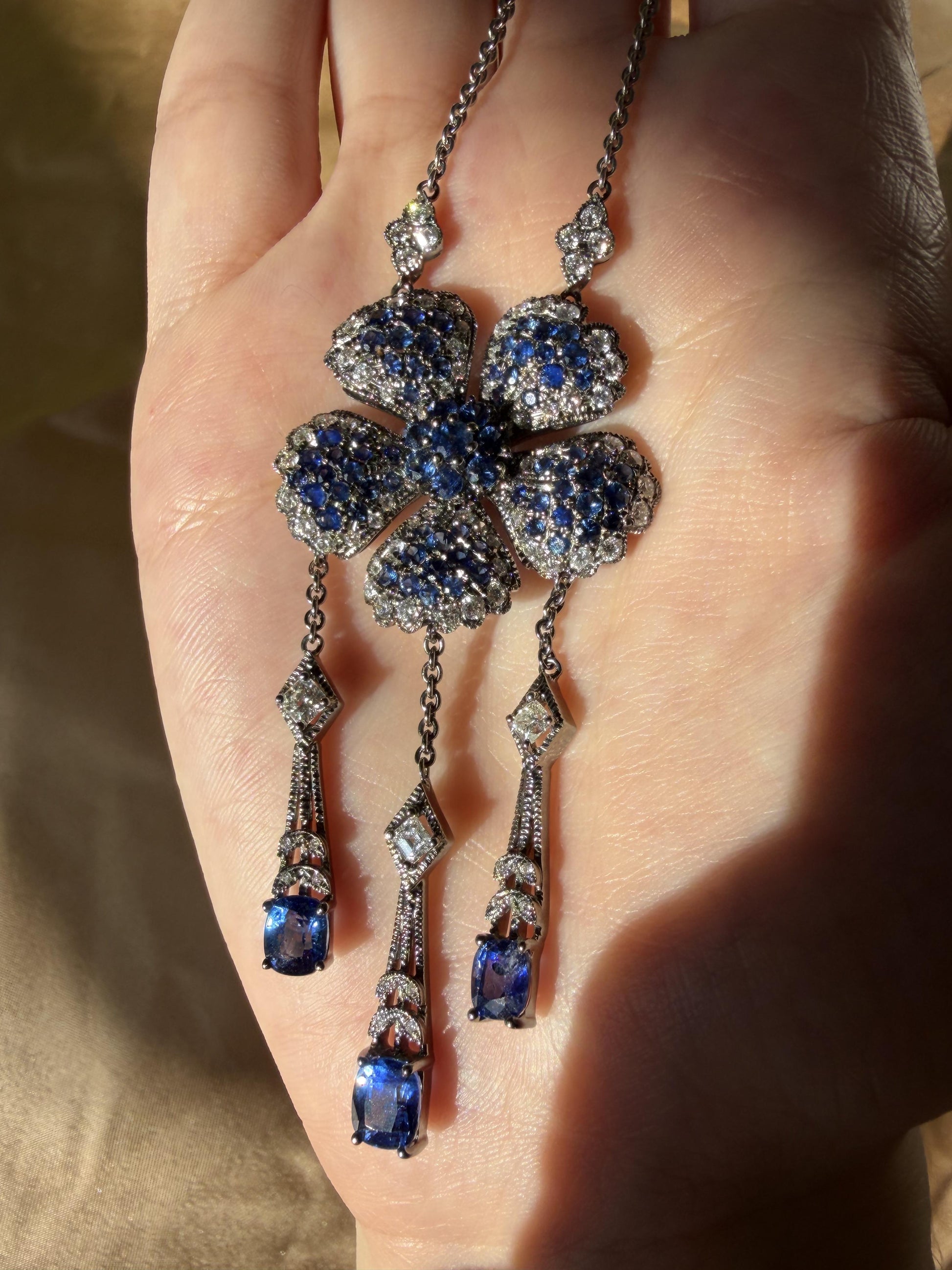 Vintage Inspired 18K Diamond and 6.67 Carat Sapphire Flower Drop Necklace