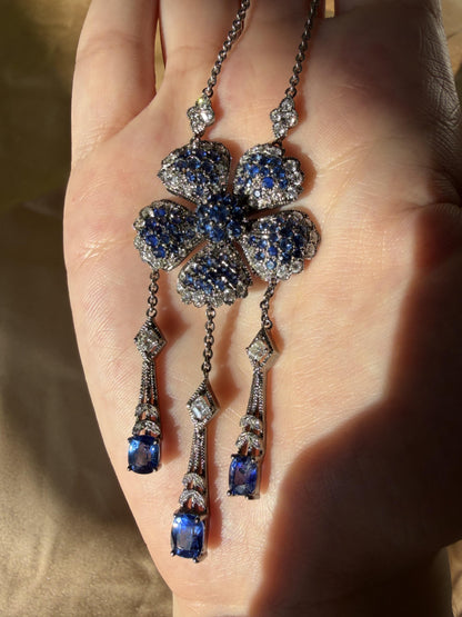 Vintage Inspired 18K Diamond and 6.67 Carat Sapphire Flower Drop Necklace