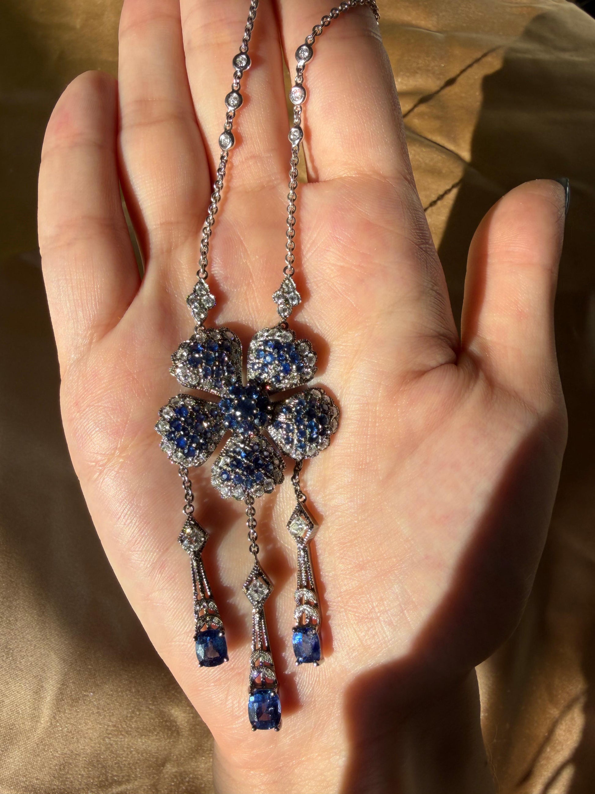 Vintage Inspired 18K Diamond and 6.67 Carat Sapphire Flower Drop Necklace