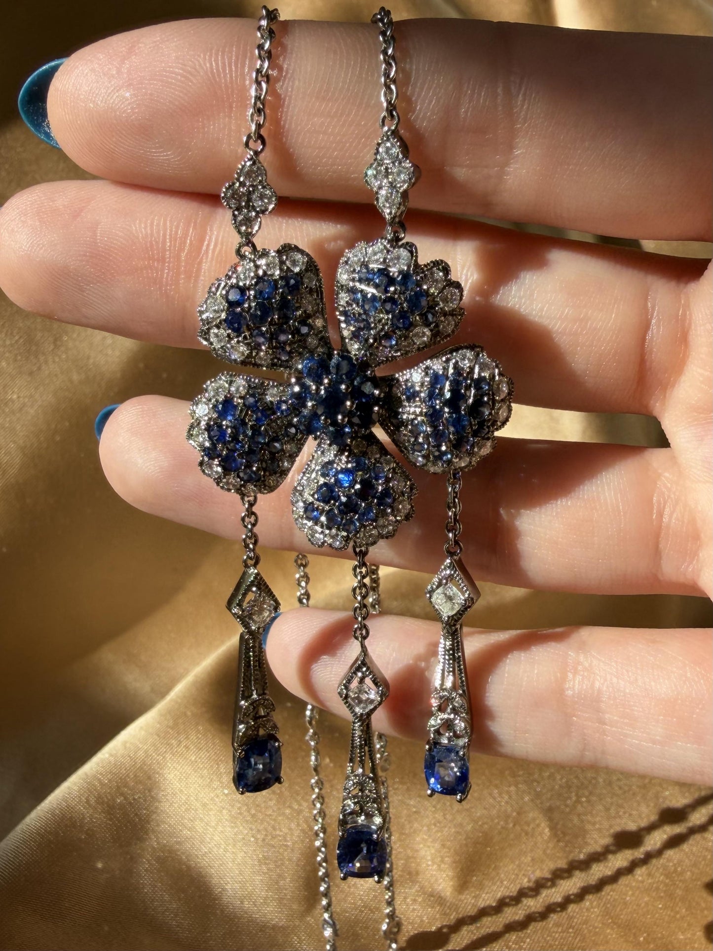 Vintage Inspired 18K Diamond and 6.67 Carat Sapphire Flower Drop Necklace