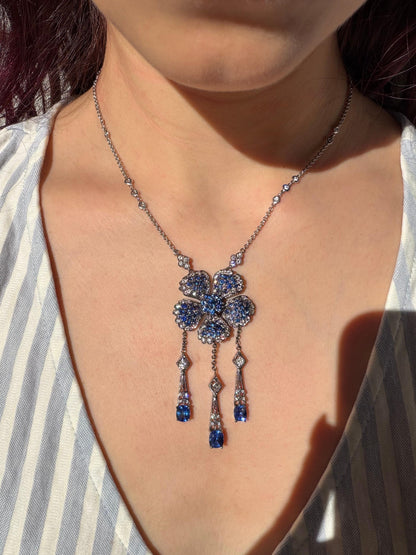 Vintage Inspired 18K Diamond and 6.67 Carat Sapphire Flower Drop Necklace