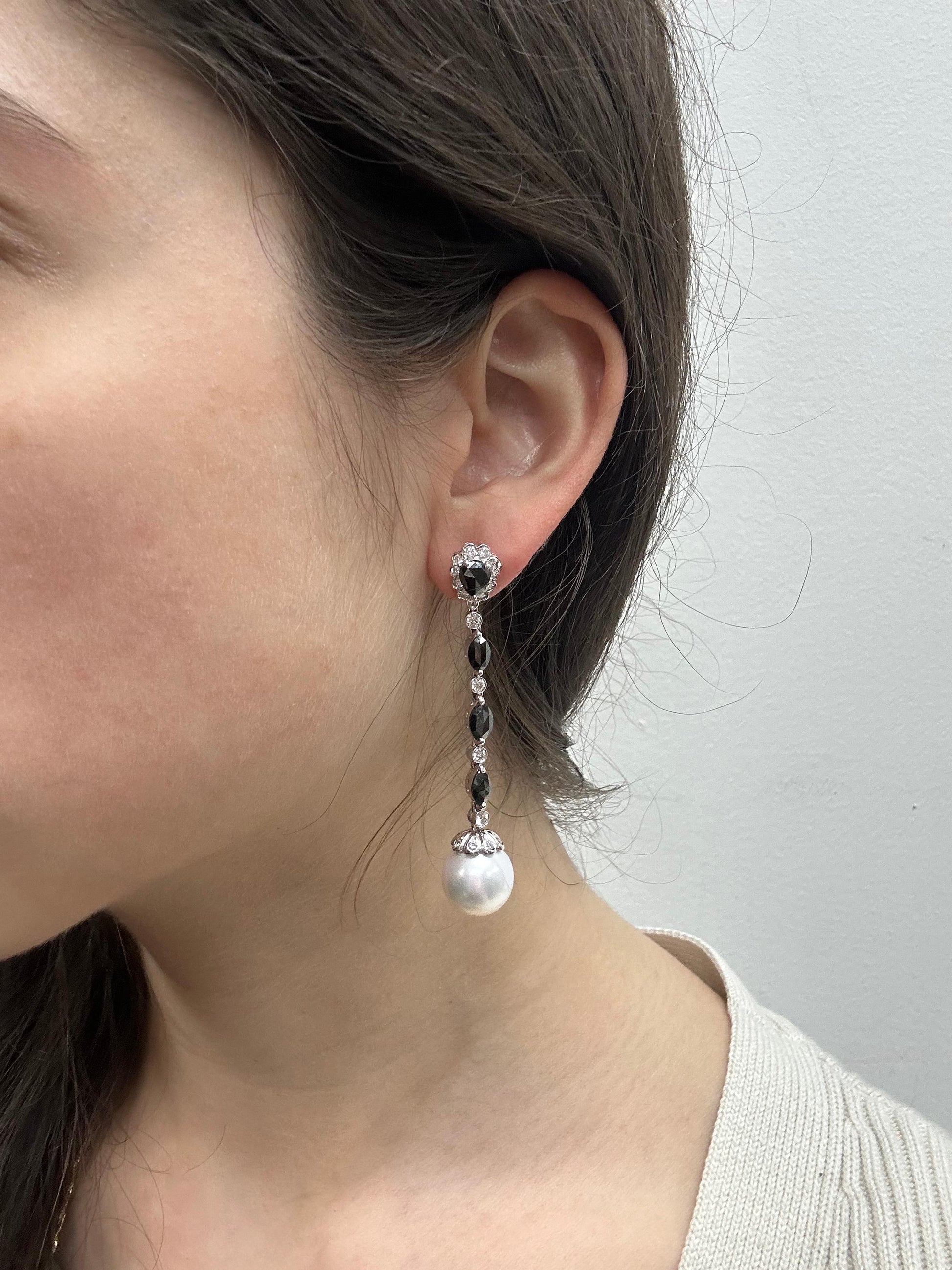 18K White Gold Marquise and Pear Cut Black and White Diamond Drop Earrings