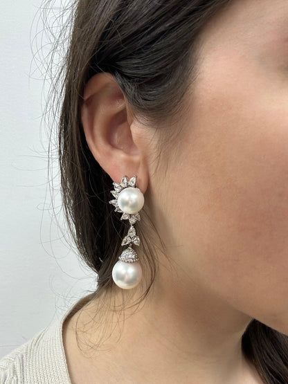 18K White Gold Pear Cut Diamond and Pearl Sunburst Drop Earrings