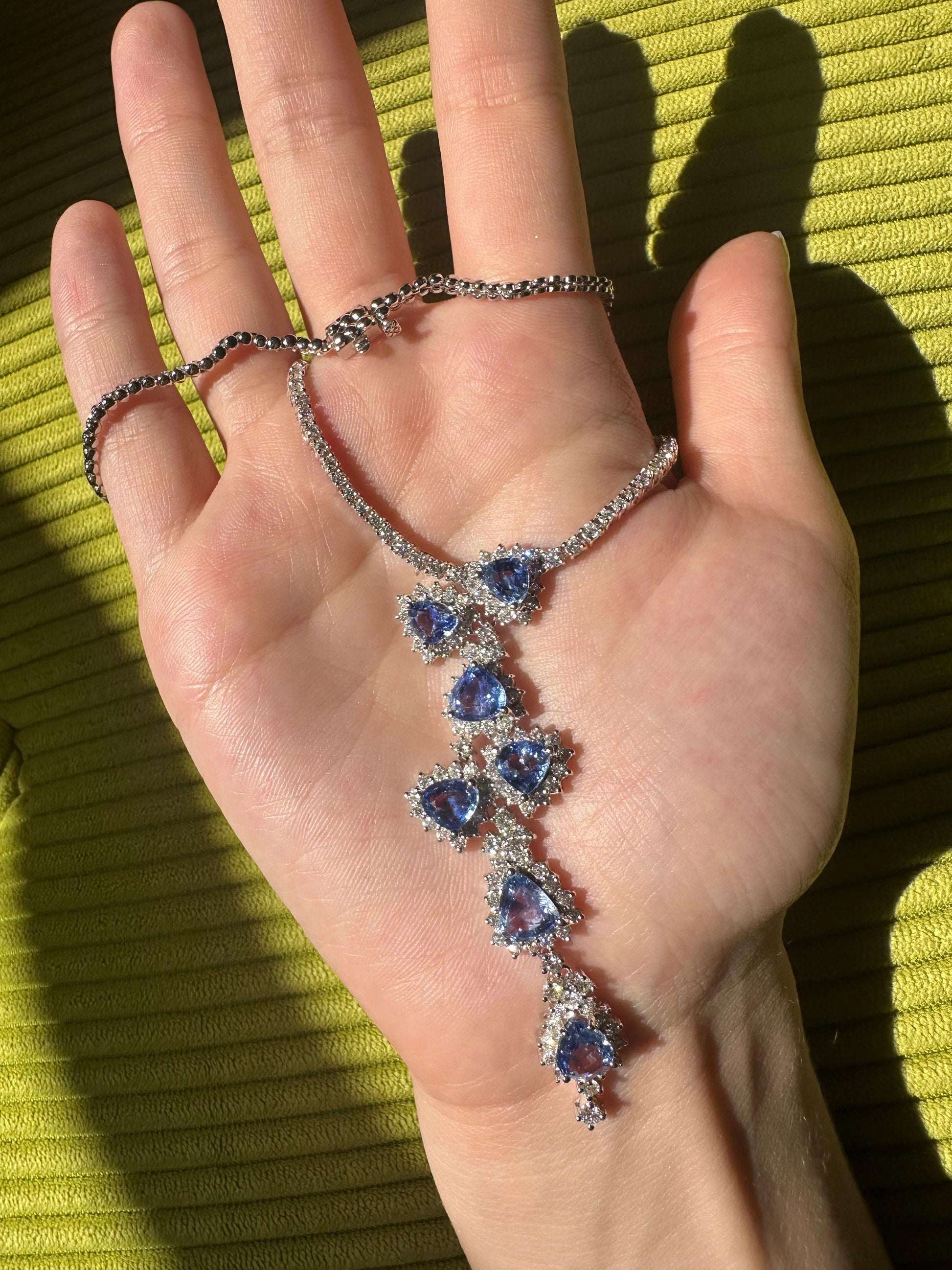 18K White Gold Diamond and Sapphire Y Necklace