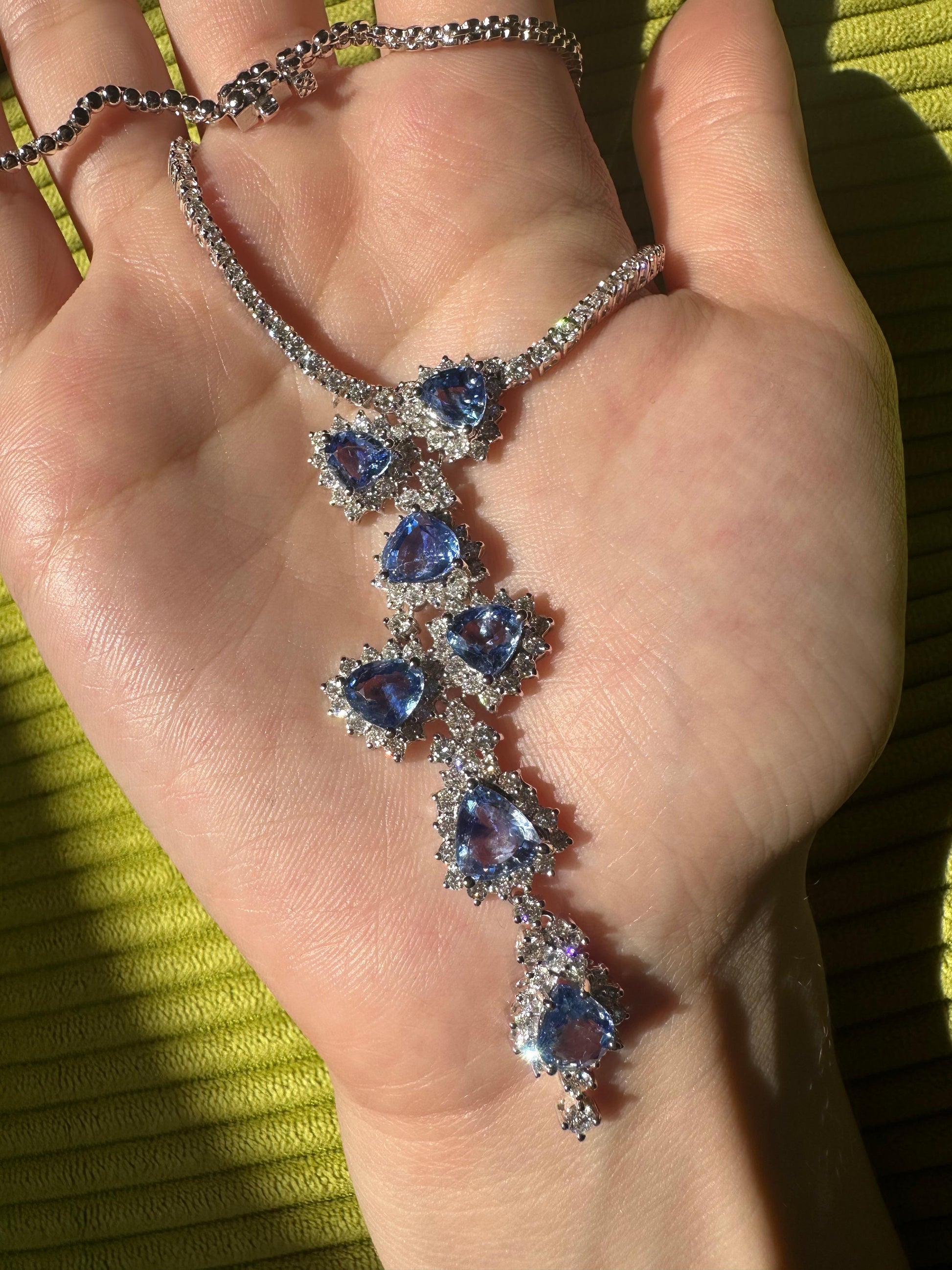 18K White Gold Diamond and Sapphire Y Necklace
