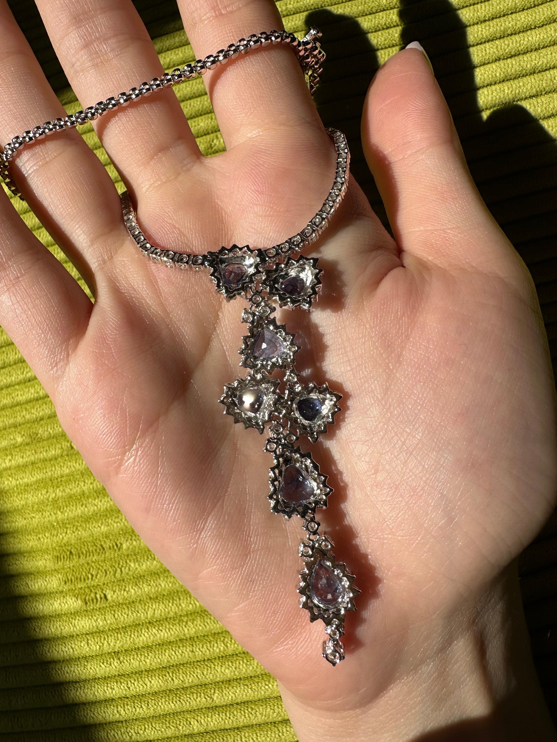 18K White Gold Diamond and Sapphire Y Necklace