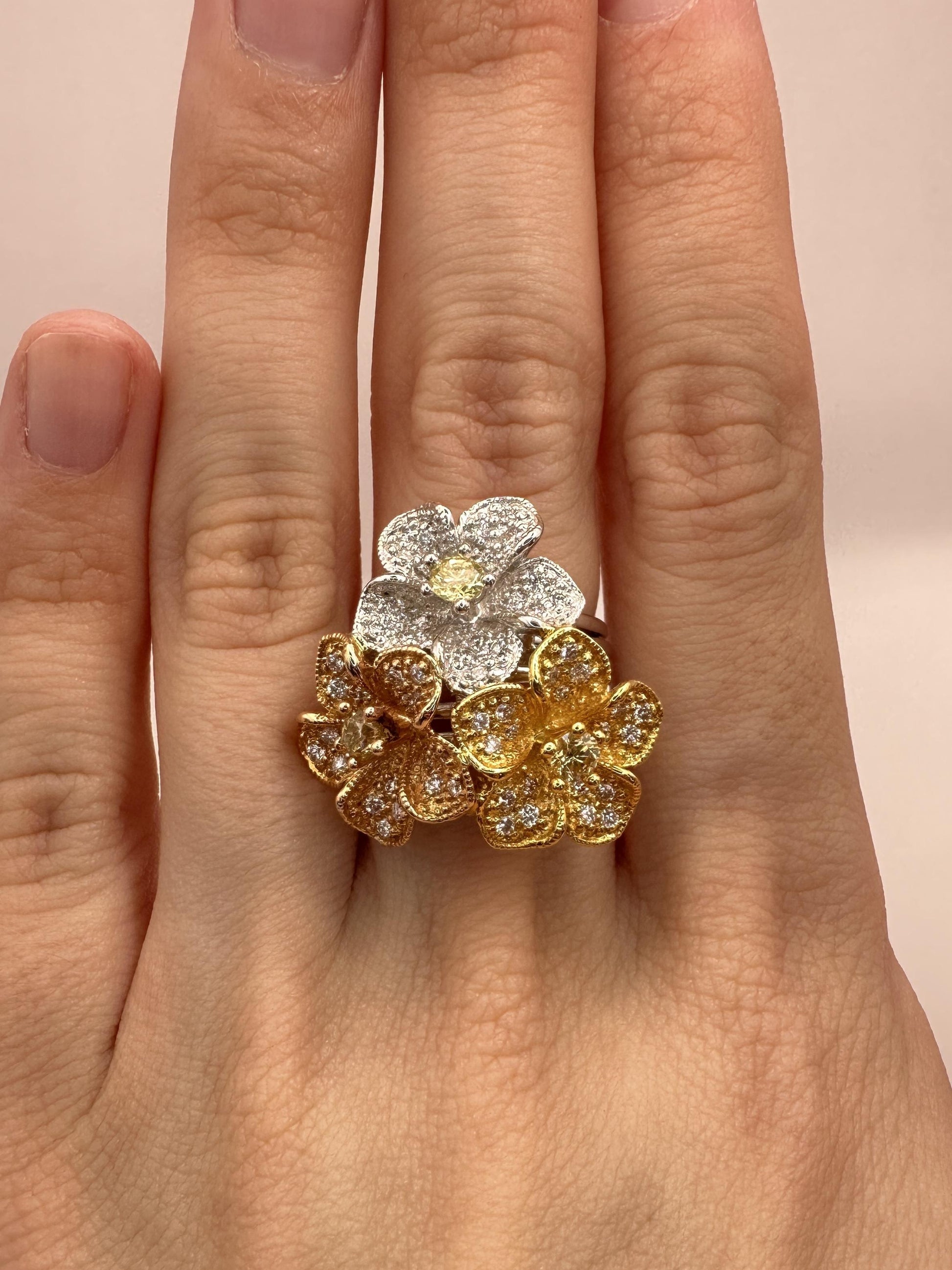 18K Rose, Yellow & White Gold 1.31 Carat Diamond Floral Cocktail Ring - Size 6.5