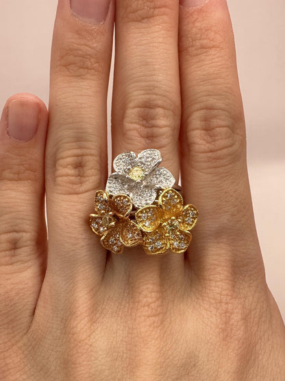 18K Rose, Yellow & White Gold 1.31 Carat Diamond Floral Cocktail Ring - Size 6.5