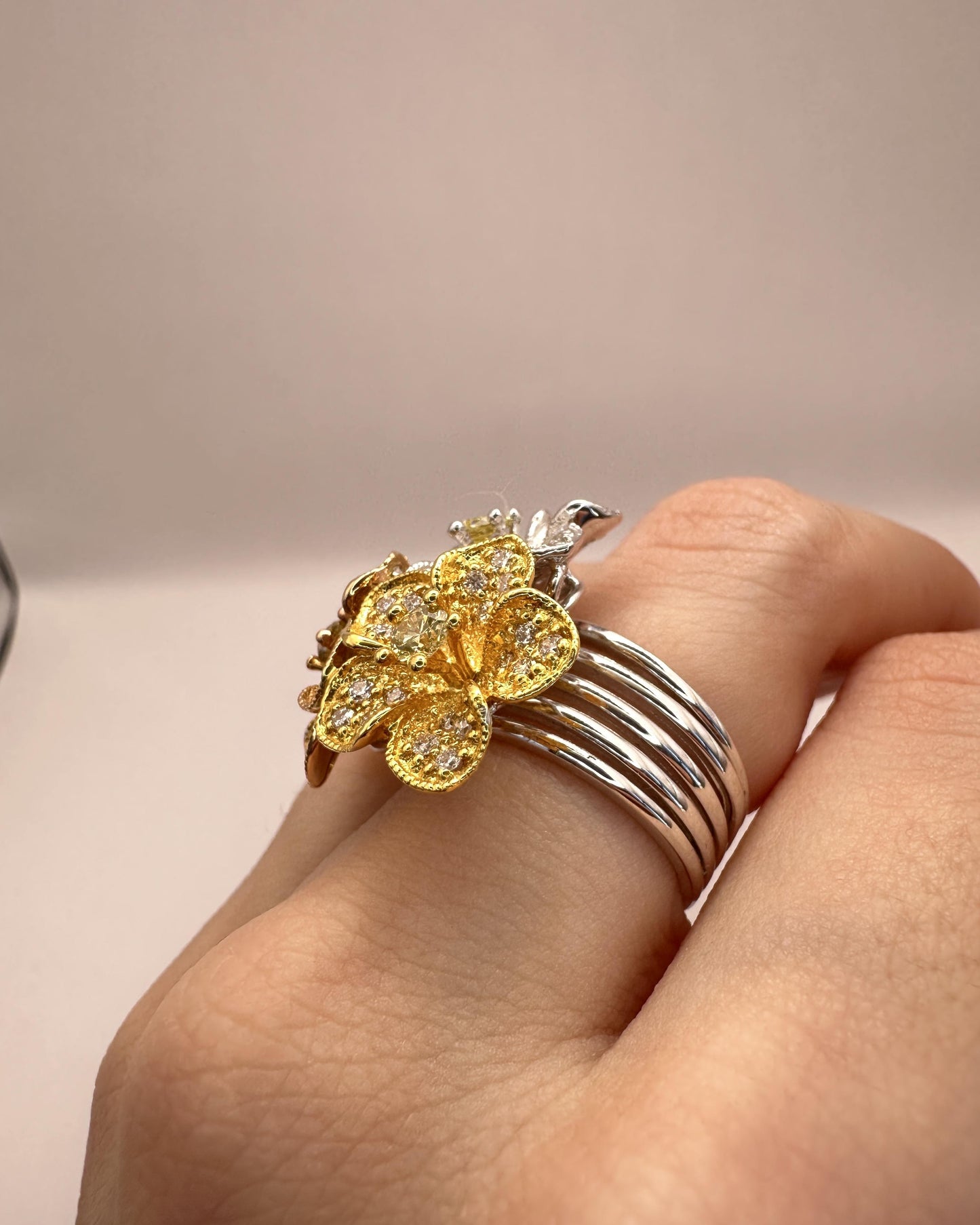 18K Rose, Yellow & White Gold 1.31 Carat Diamond Floral Cocktail Ring - Size 6.5