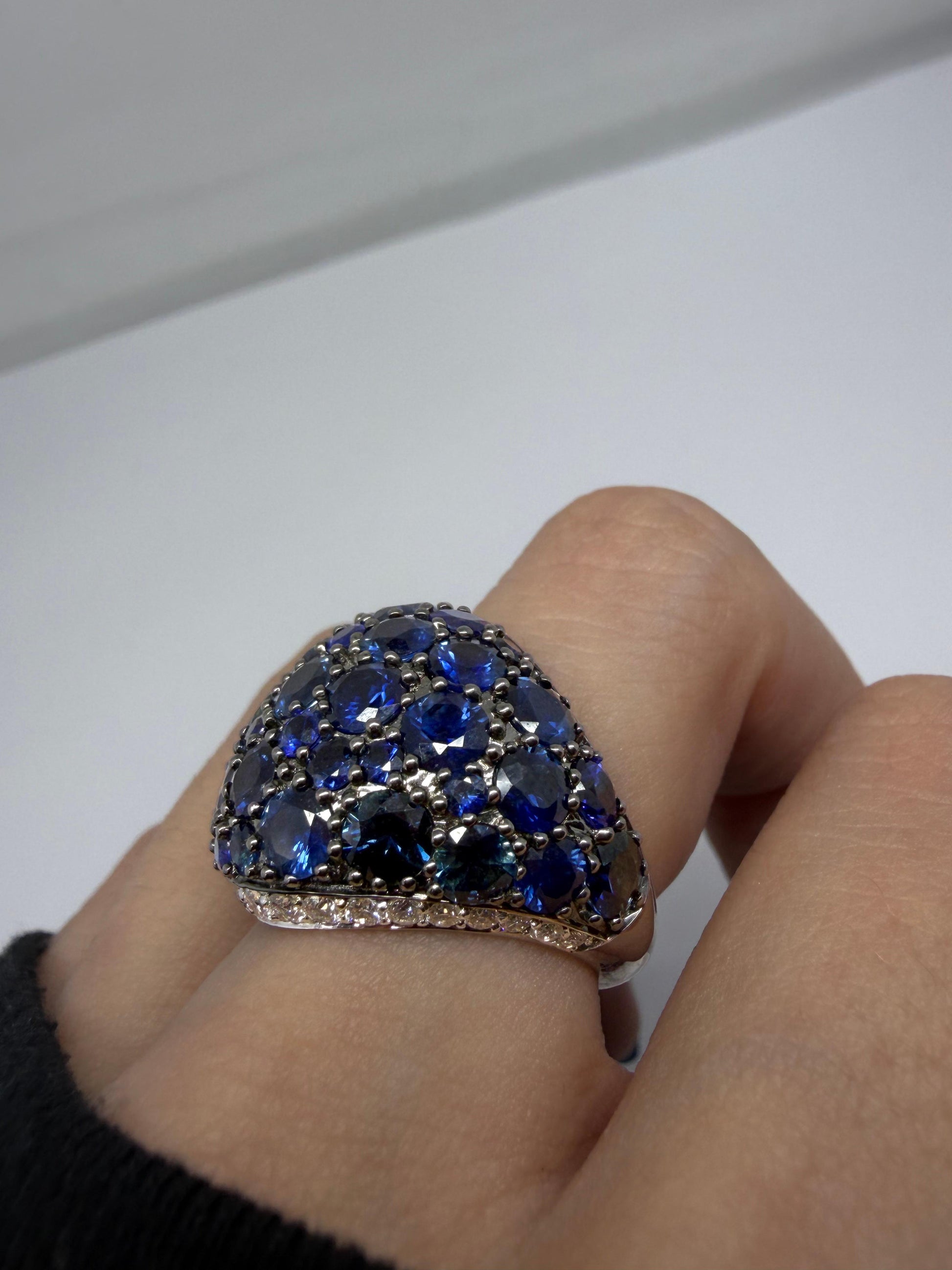 18K White Gold Diamond and 9.91 Carat Sapphire Dome Ring