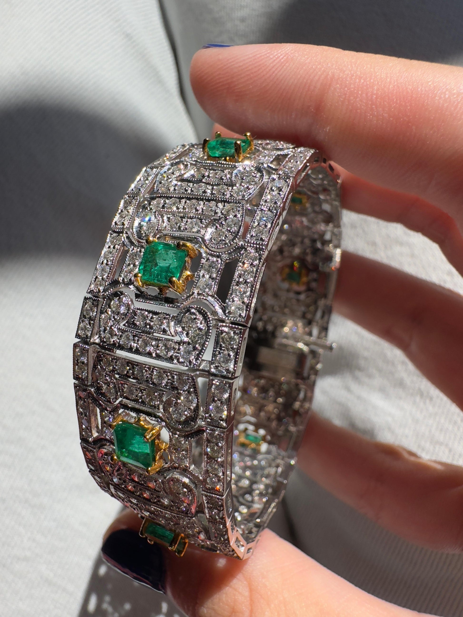 18K Two Tone Diamond and Emerald Openwork Bracelet