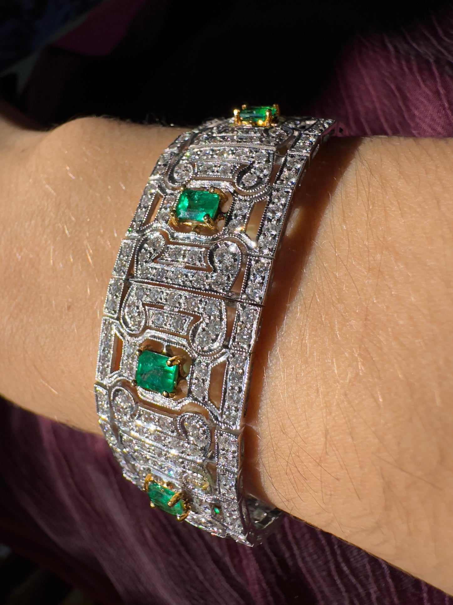 18K Two Tone Diamond and Emerald Openwork Bracelet