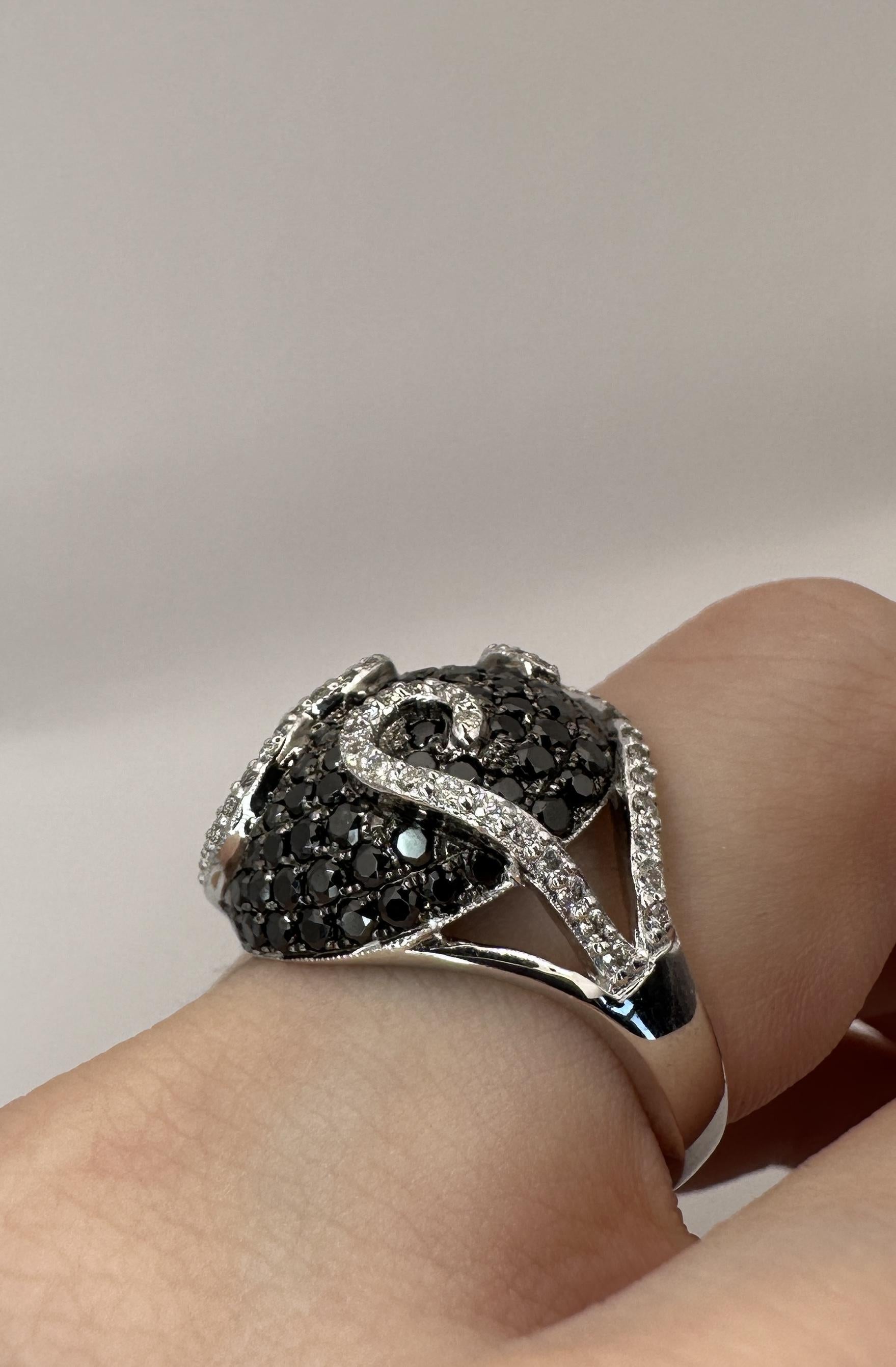 18K White Gold 2.86 Carat Black and White Diamond Cocktail Swirl Ring