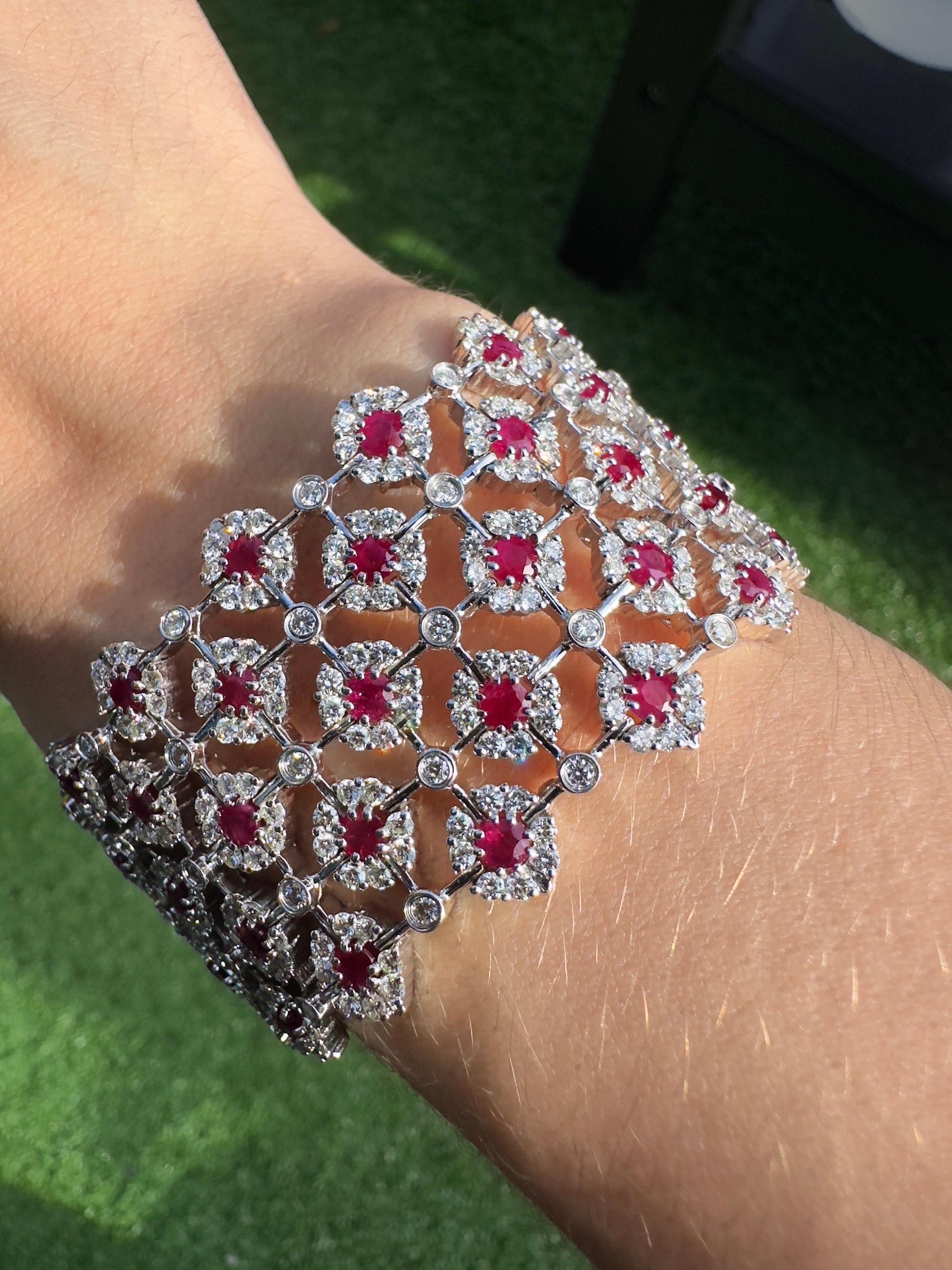 18K White Gold 1.85 Carat Round Cut Ruby and Diamond Bracelet - 7.25 inches