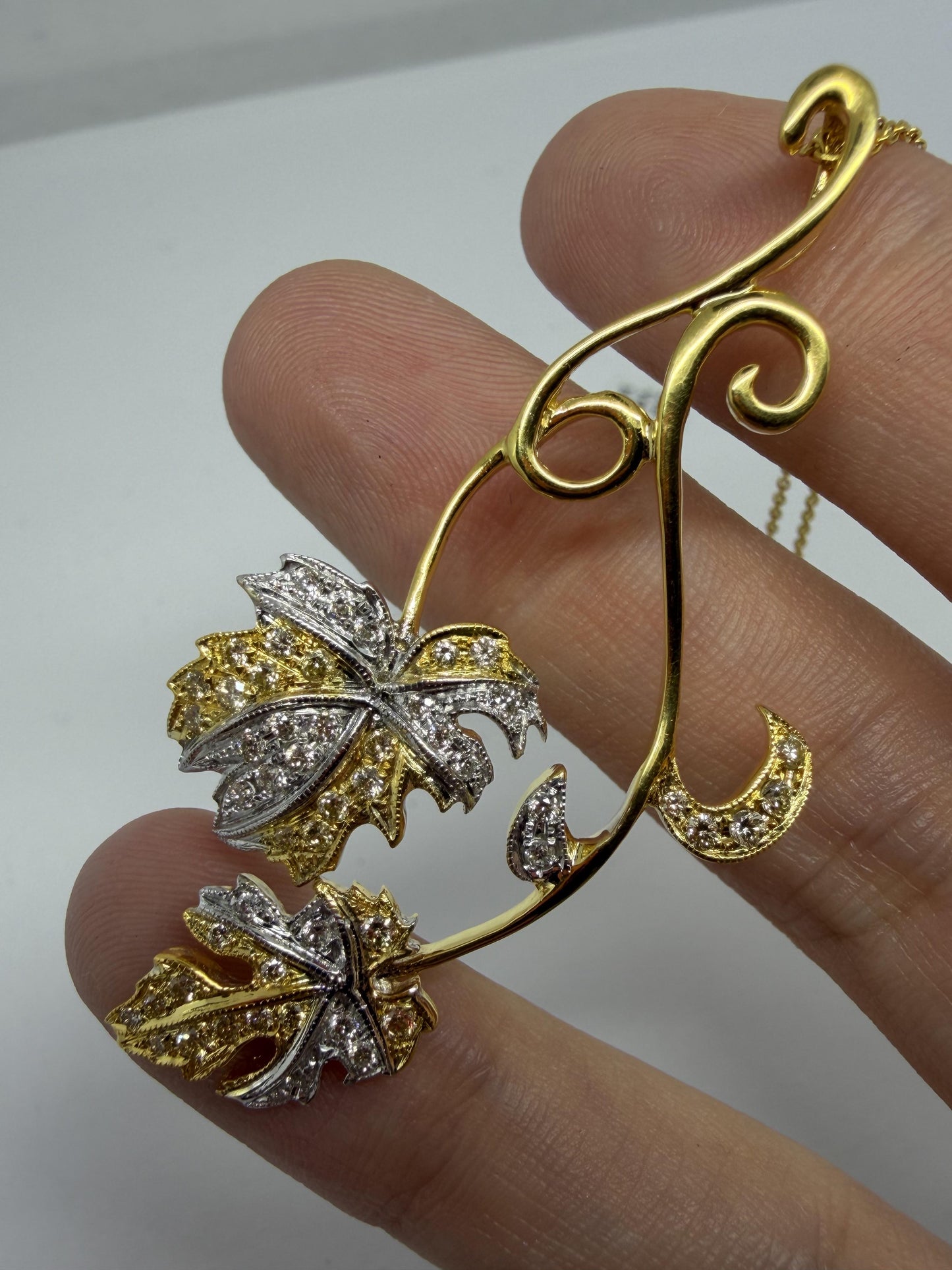 18K Two Tone .69 Carat White and Yellow Diamond Leaf Pendant with 14K Chain