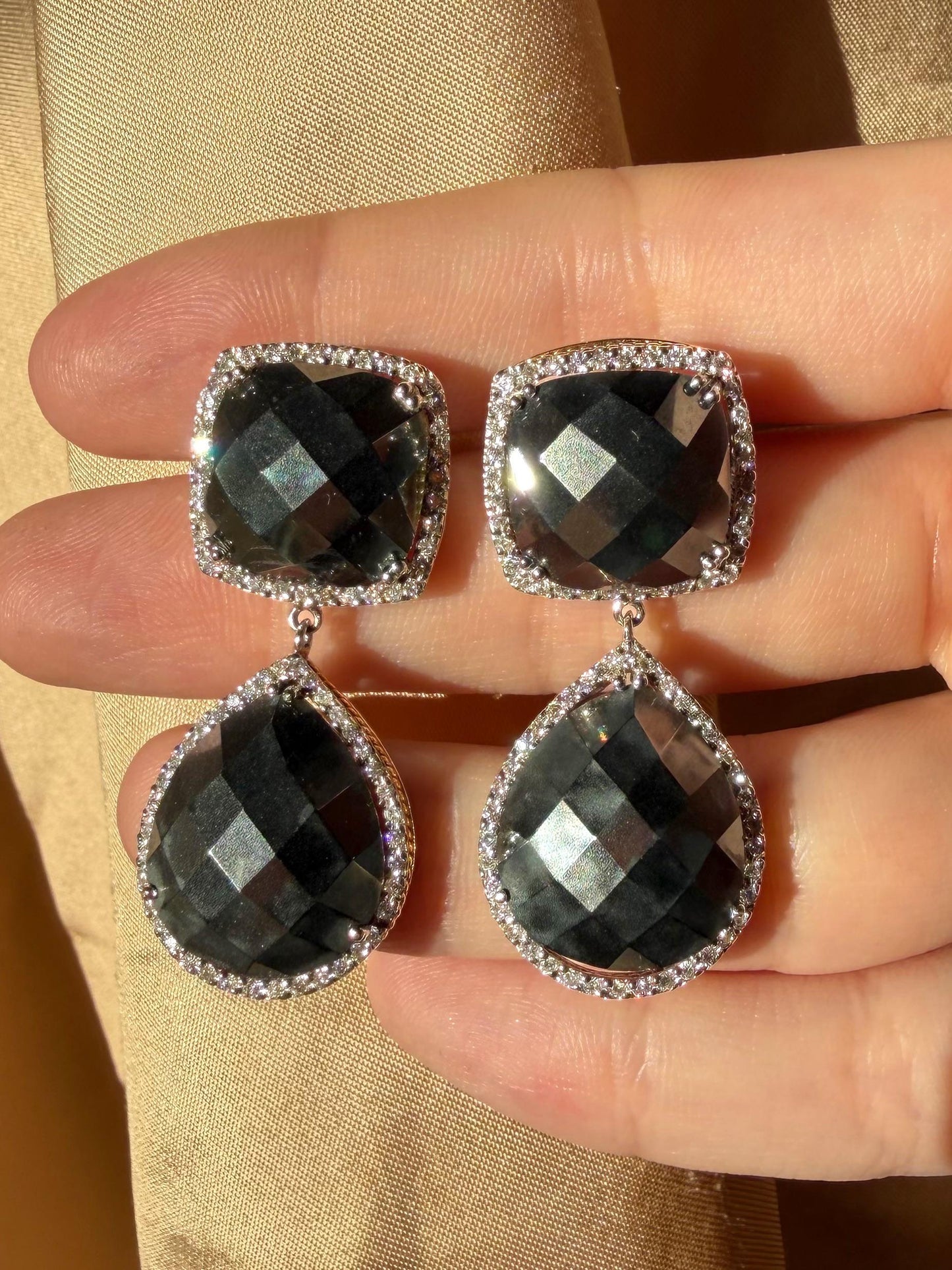 18K White and Yellow Gold Diamond and Checkered Hematite Earrings