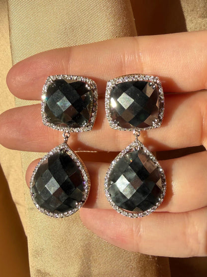 18K White and Yellow Gold Diamond and Checkered Hematite Earrings