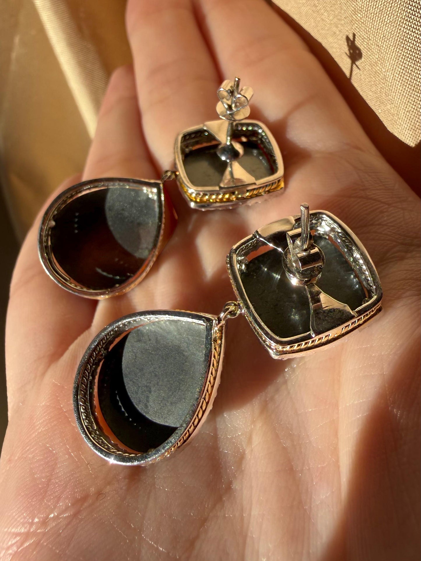 18K White and Yellow Gold Diamond and Checkered Hematite Earrings