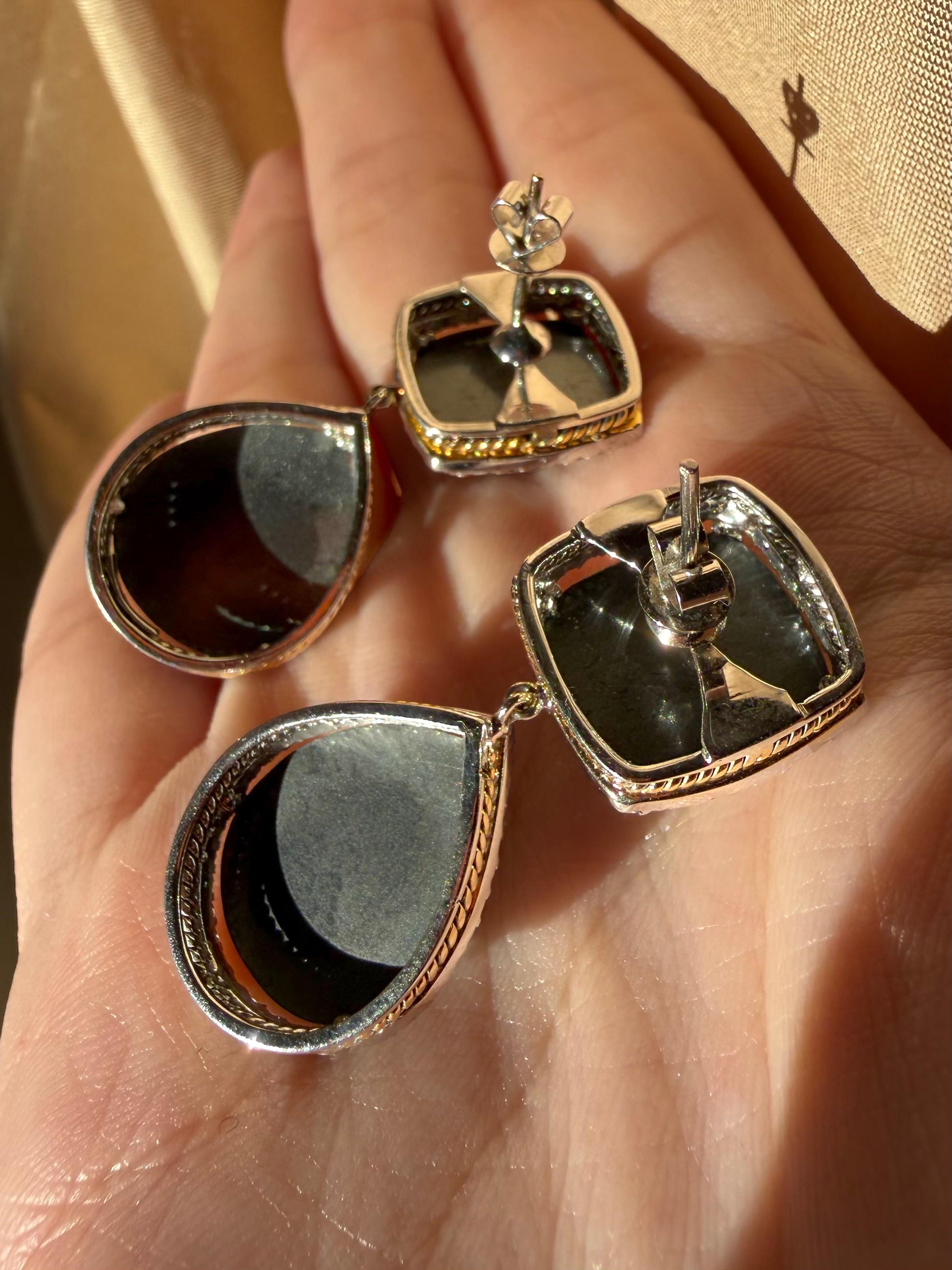 18K White and Yellow Gold Diamond and Checkered Hematite Earrings