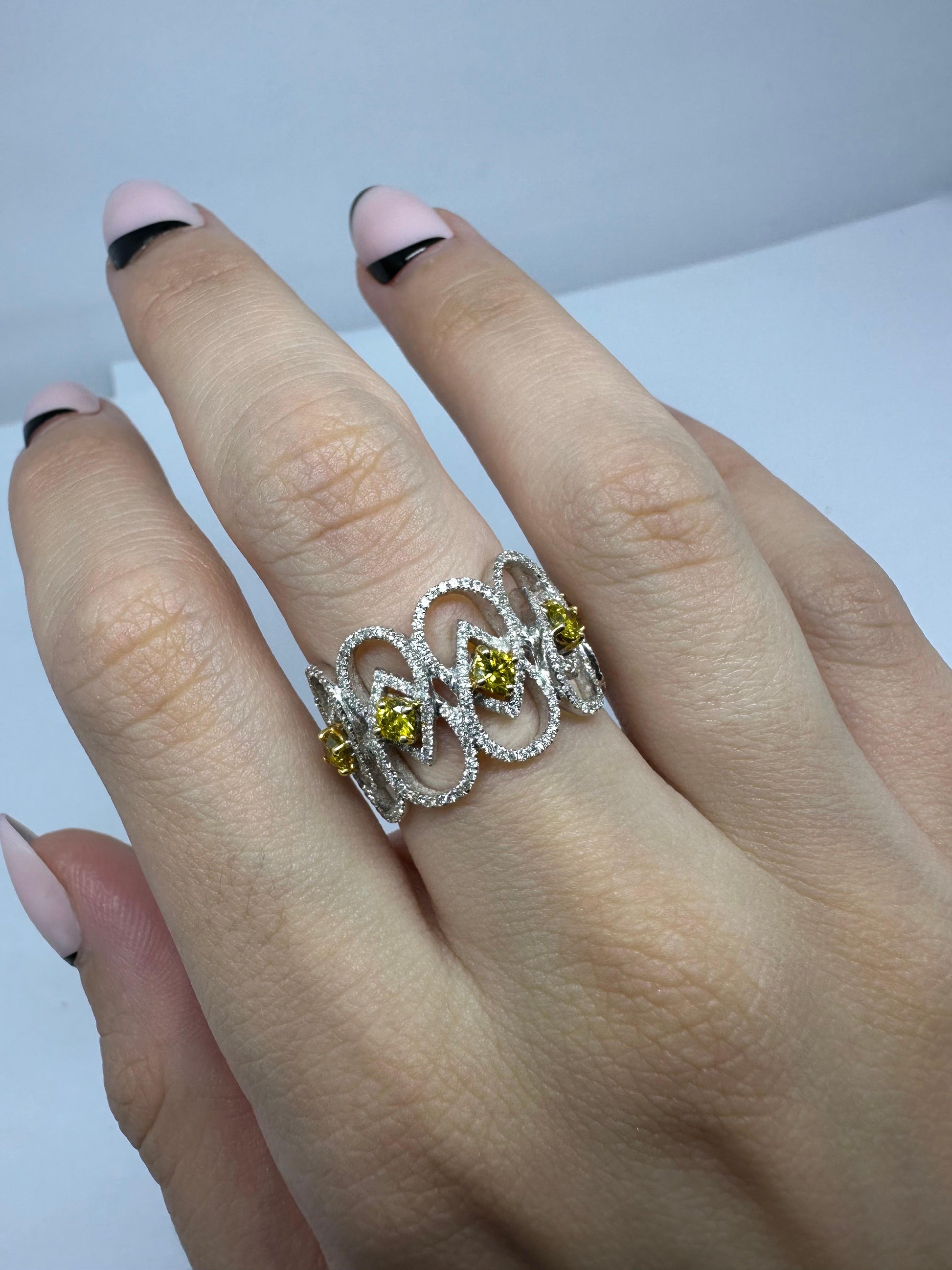 18K White Gold White and Yellow Diamond Wide Band Ring