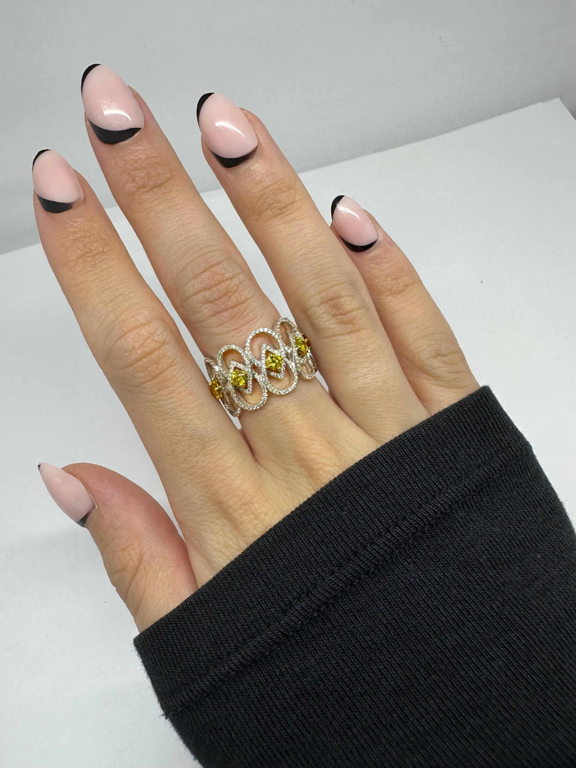 18K White Gold White and Yellow Diamond Wide Band Ring