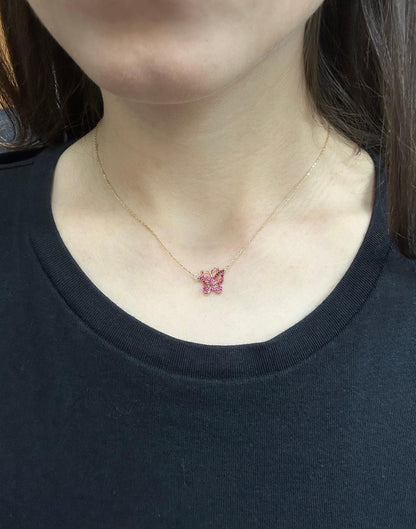 18K Rose Gold Pink Sapphire Butterfly Necklace with 14K Yellow Gold Chain