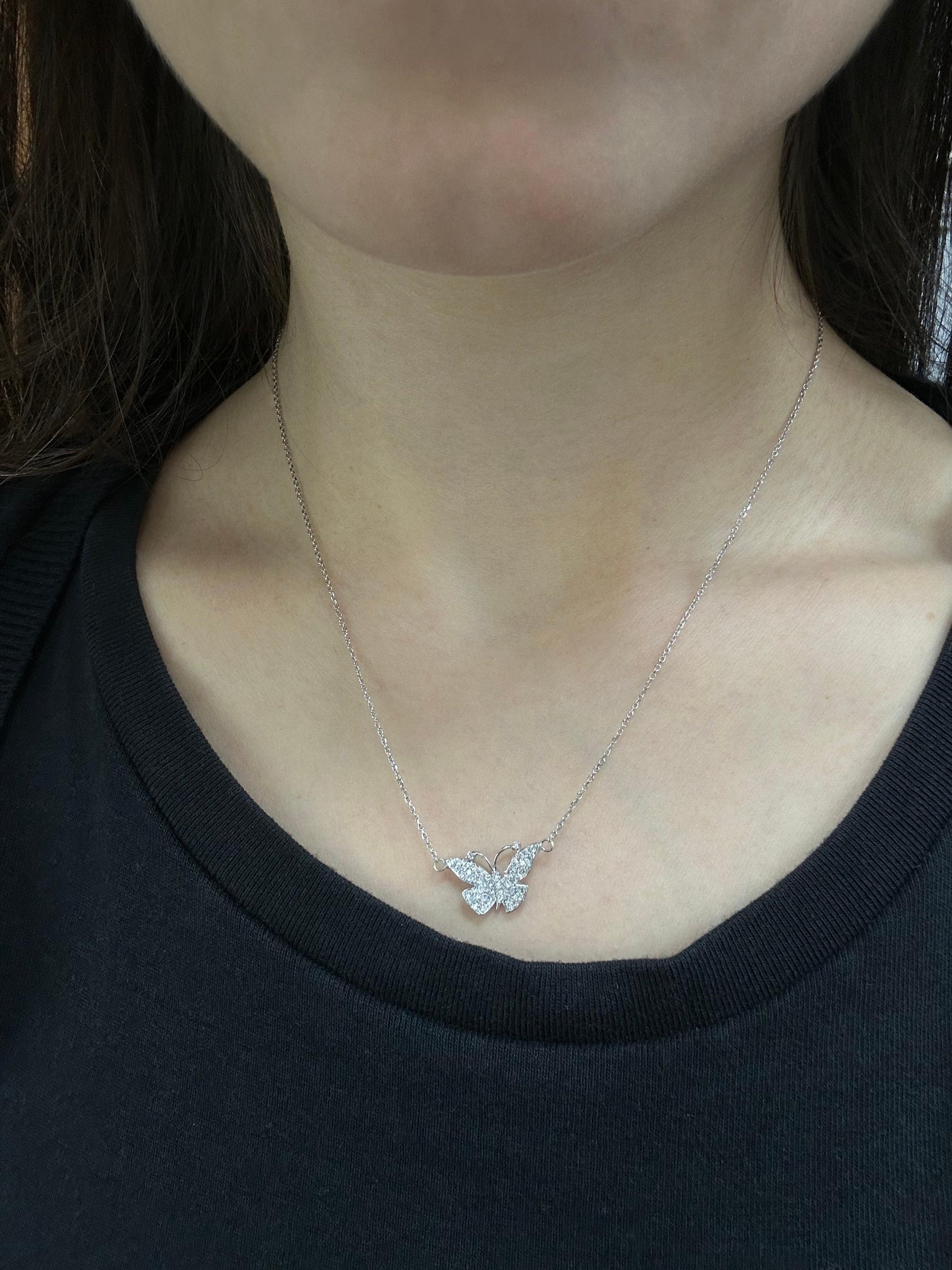 18K White Gold Diamond Butterfly Pendant Necklace with 14K White Gold Chain