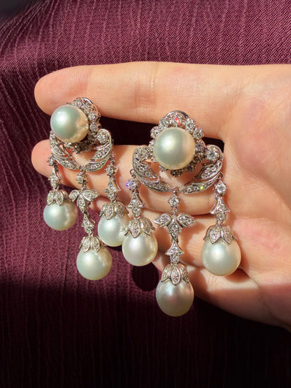 18K White Gold Edwardian Inspired Diamond and Pearl Chandelier Earrings