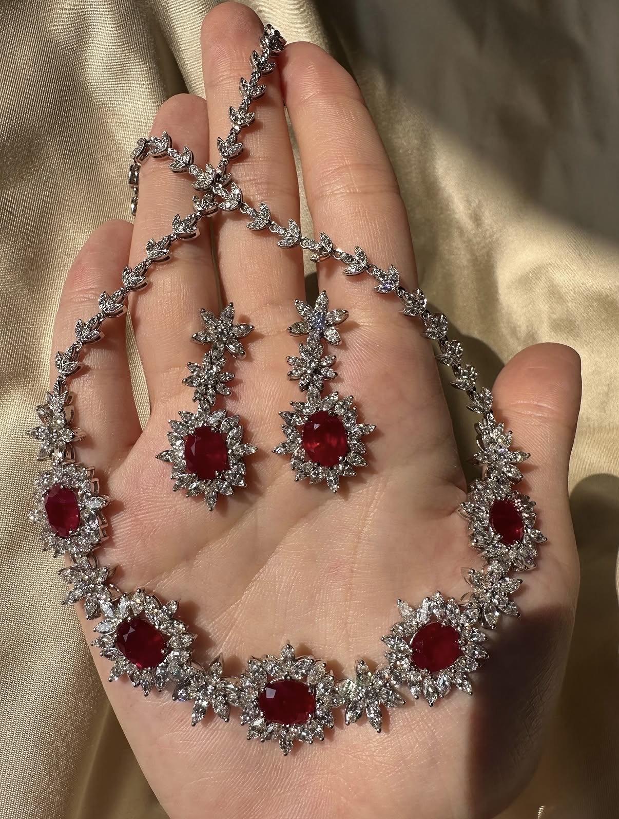18K White Gold 11.76 carat Oval Ruby and Marquise Cut Diamond Necklace