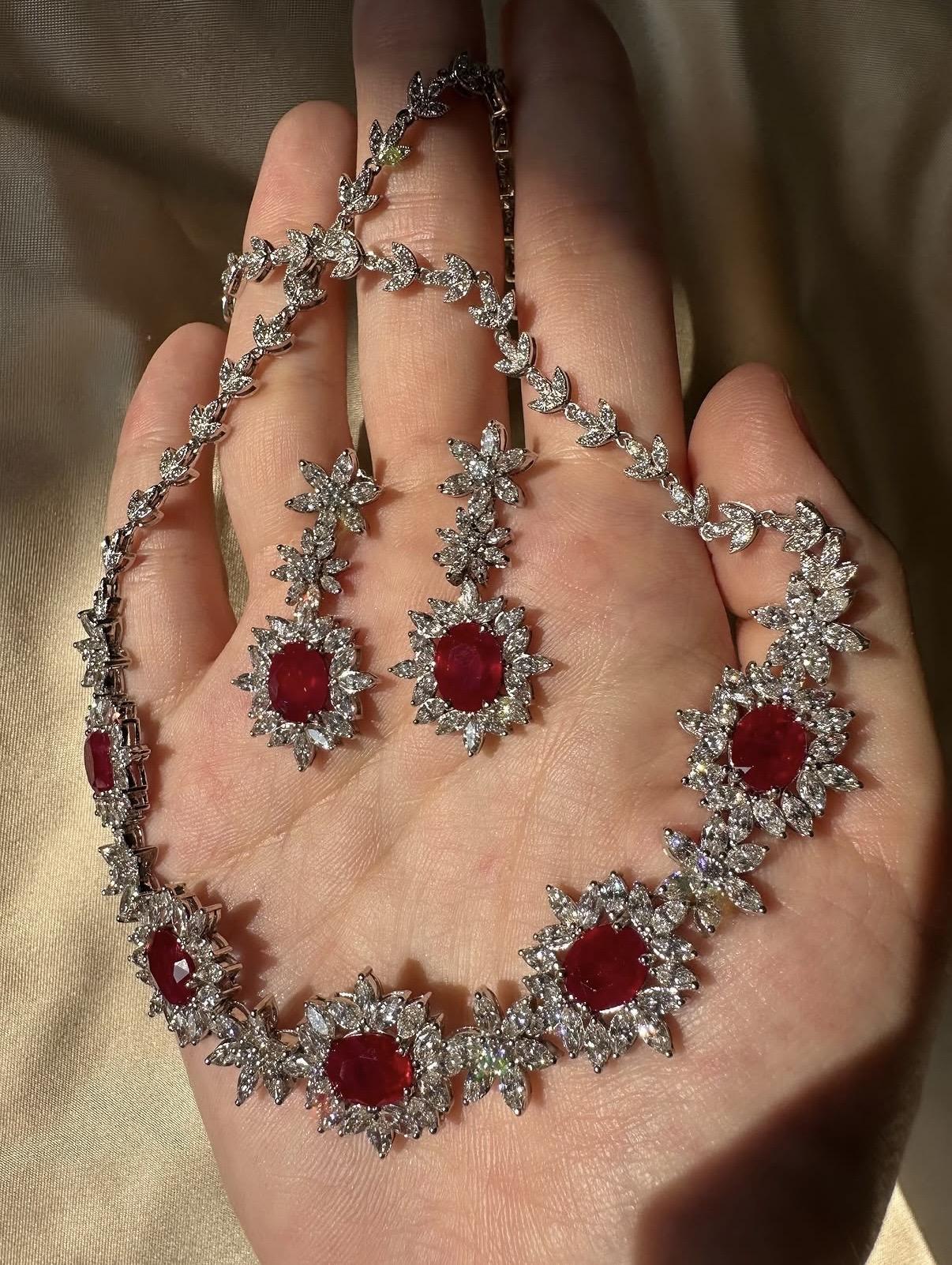 18K White Gold 11.76 carat Oval Ruby and Marquise Cut Diamond Necklace