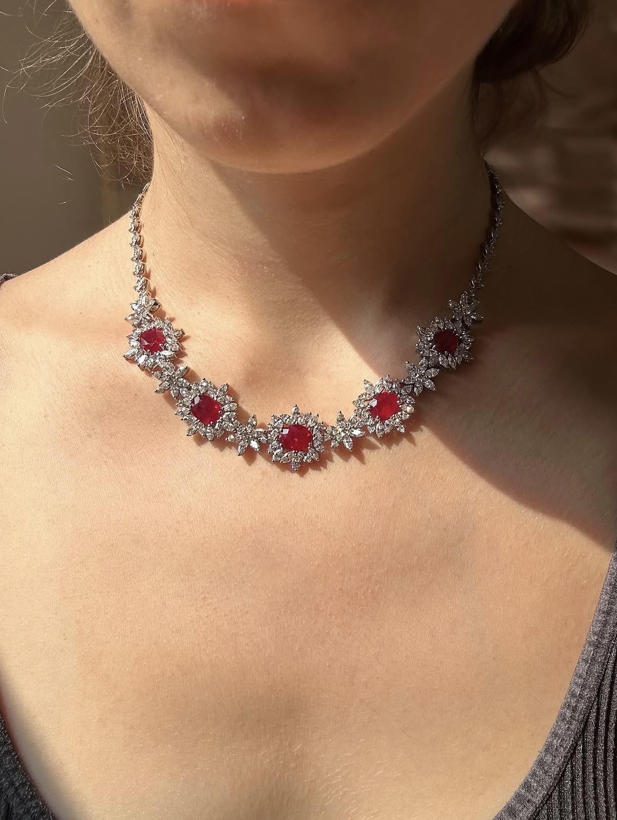 18K White Gold 11.76 carat Oval Ruby and Marquise Cut Diamond Necklace