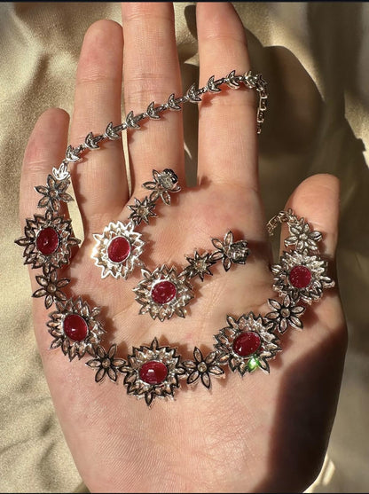 18K White Gold 11.76 carat Oval Ruby and Marquise Cut Diamond Necklace