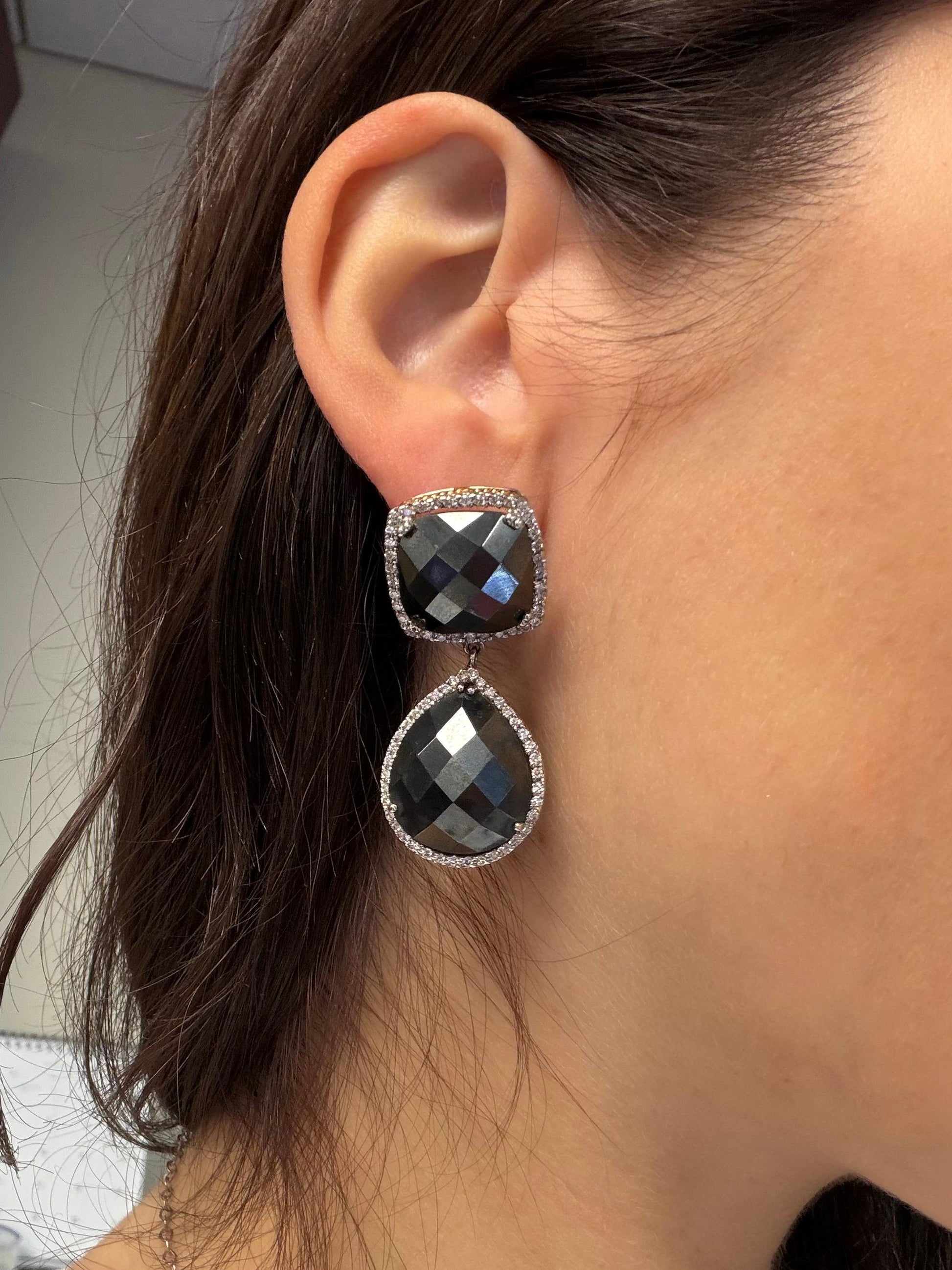 18K White and Yellow Gold Diamond and Checkered Hematite Earrings